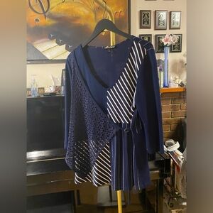 Picadilly Navy Mixed-Texture Wrap-Look Top